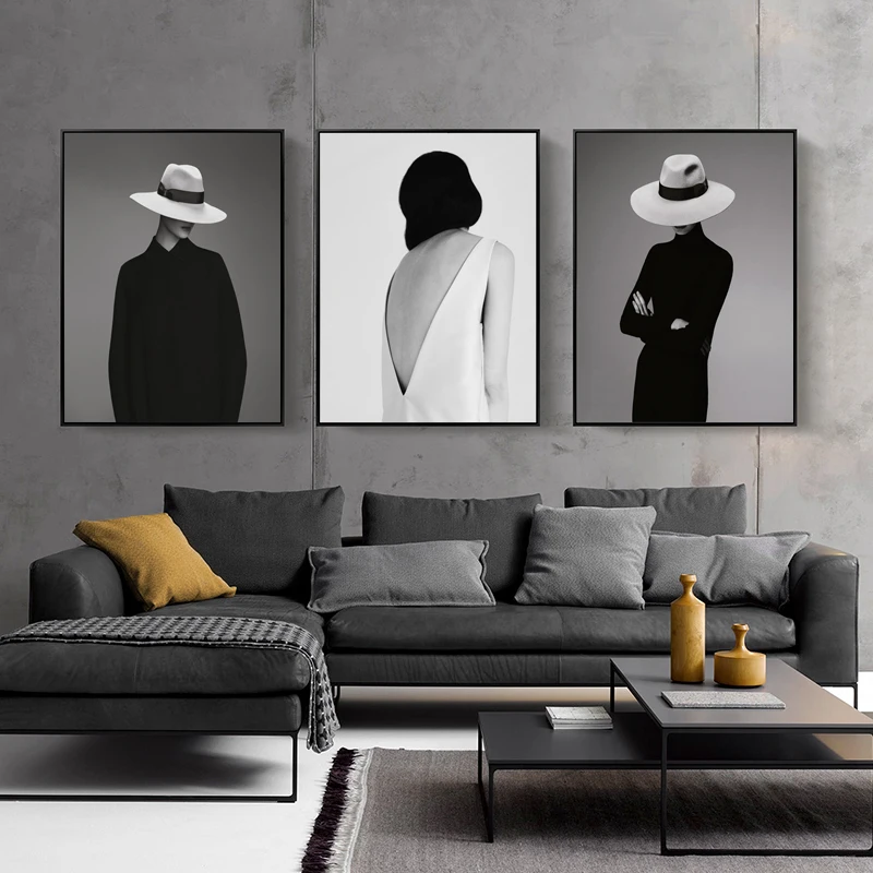 

Black And White Sexy Women With Hat Posters&Prints Modern Mural Canvas Painting Wall Art Pictures For Aisle Bathroom Living Room