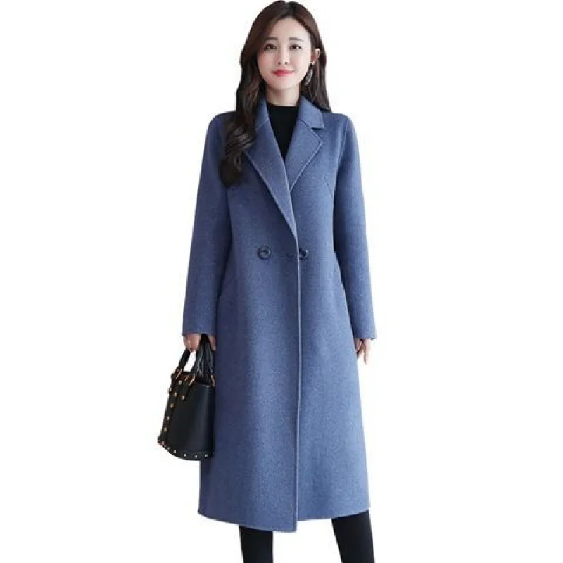 2 Women Woolen Coat Autumn Winter New Double-breasted Long Sleeve Loose Coats Turn-Down Collar Outwear Plus Size S~3XL - Color: 2