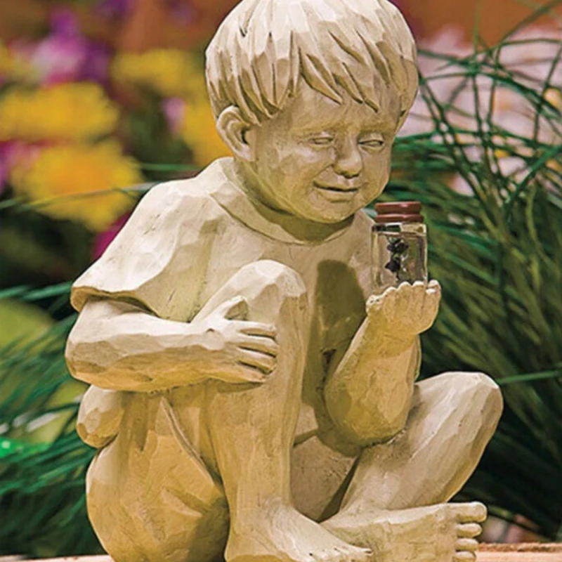 

Солнечные светлячки Сидящая детская статуя садовый орнамент освещенная банка Светлячок мальчик/девочка N1HF