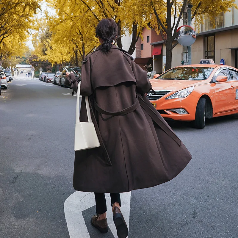 

2020New Loose Chic Korean Trench Coat For Women Casual Solid Color Turn-Down Collar Waist Belt Elegant Cost-effective Slim warm