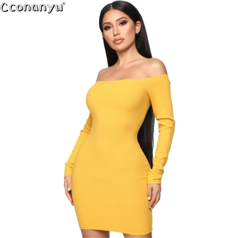 

Sexy Solid Color dress 2019 Women Autumn Fashion Slash Neck Elegent Dress Casual Long Sleeve Dress
