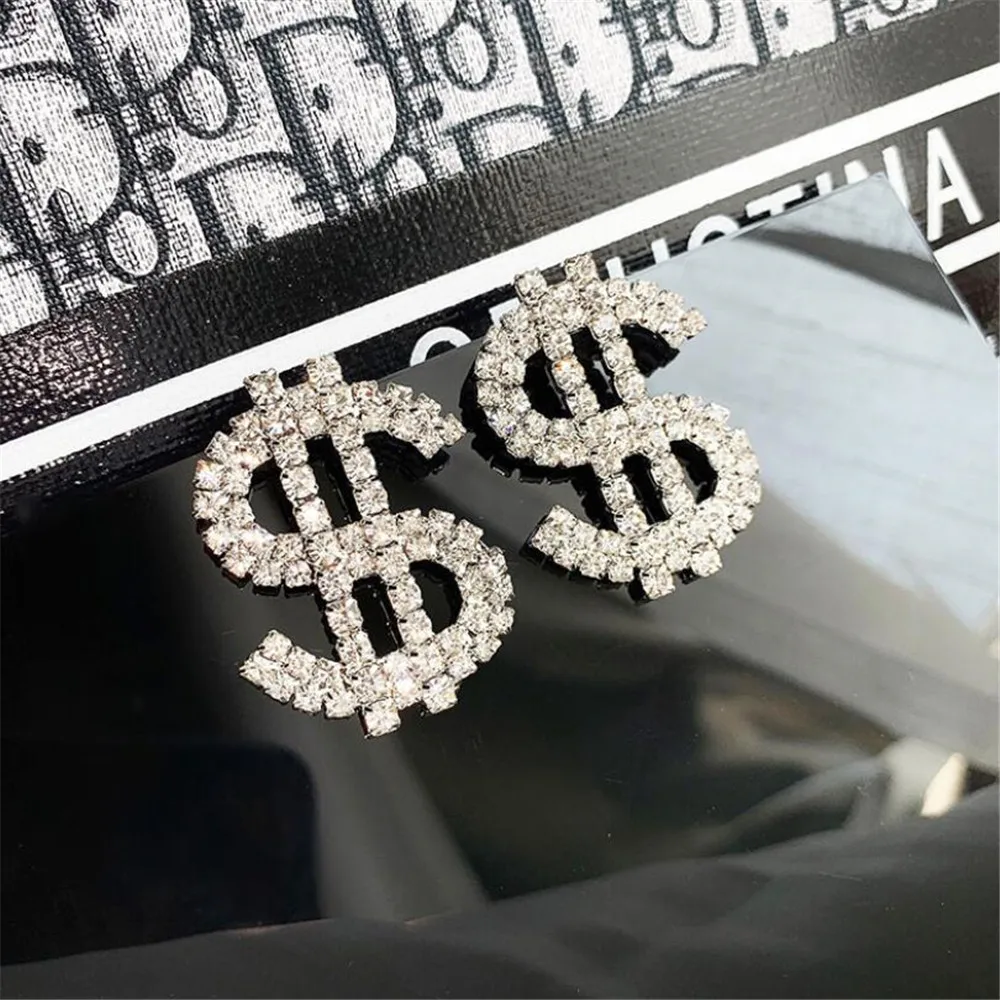 

Fashion New Minimalist Rhinestone Dollar Icon Shape Earring Hanging Shiny Dangle Exaggerated Women's Earrings Jewelry For Girls