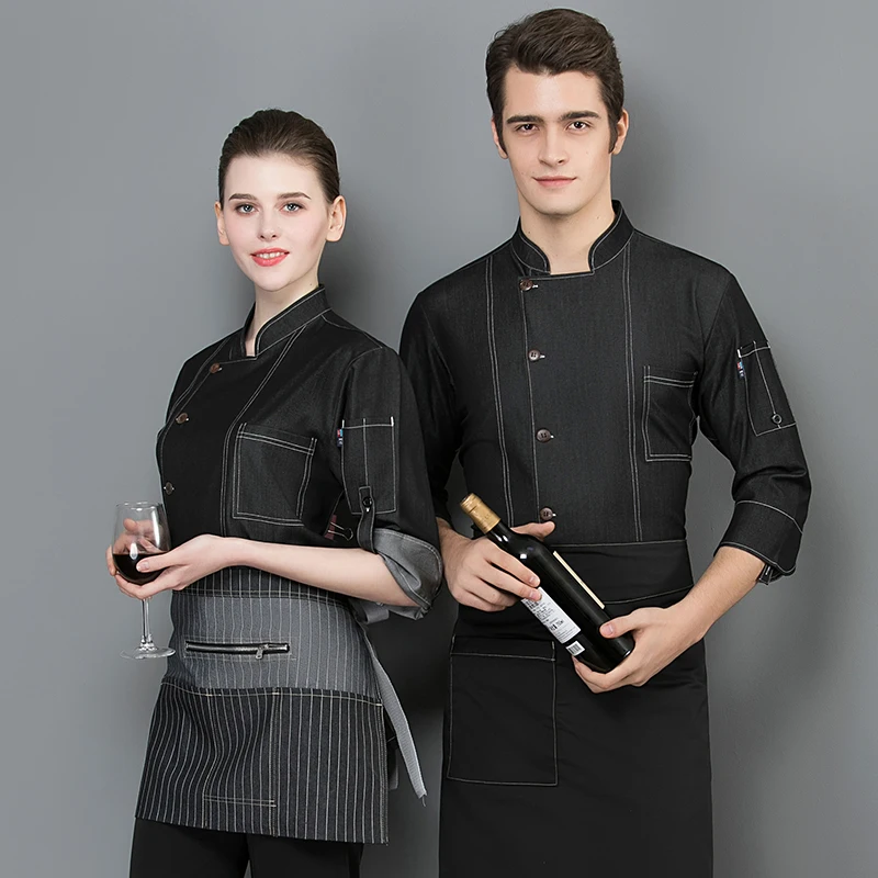 Мужская и женская джинсовая форма шеф повара с рукавом Семь четвертей пиджак для