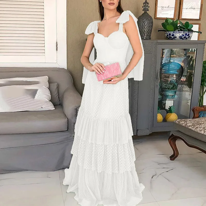 

Elegant Mesh Lace Up Women's White Dress Fluffy Chic Dot Print Wedding Birthday Female Dresses 2021 New Ladies Party Clothing
