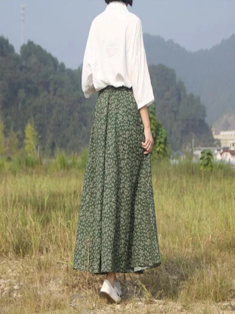 

Spring Summer Long Skirts Women Elastic Waist Floral Printed Casual Skirt Femme Vintage Ankle-Length Skirts J969