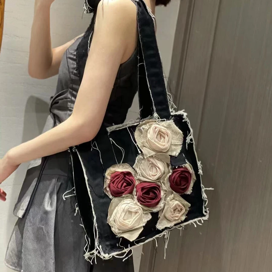 

Retro Rose Flower Shoulder Bag Women's Black Denim Square Handbag Lady Summer Large Capacity Ruched Tote Bag Fashion Simple Bags