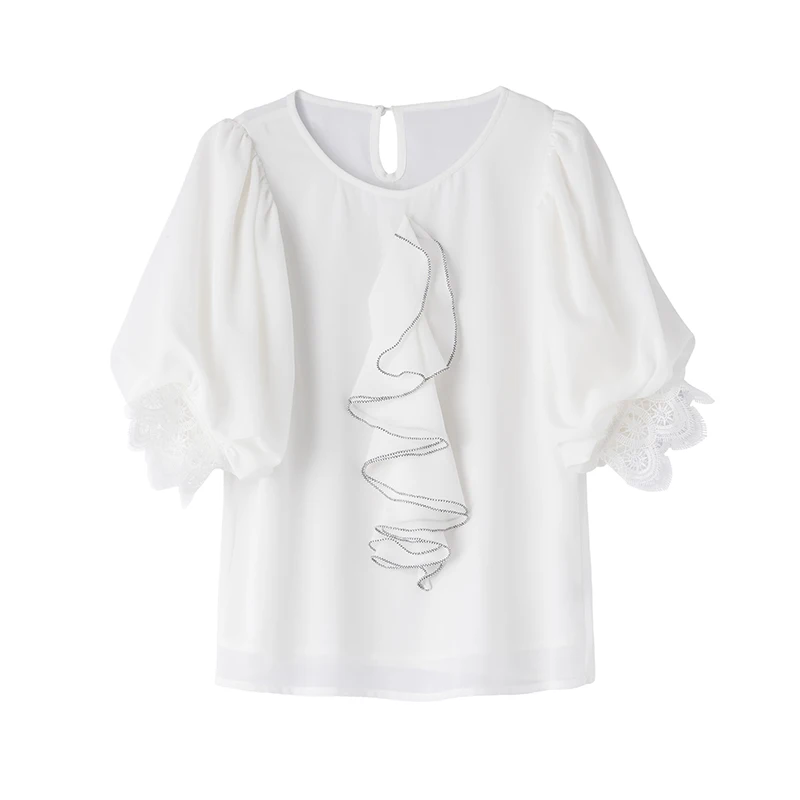 

COIGARSAM Fashion Ruffles blouse women New Summer Short Sleeve Chiffon blusas womens tops and blouses White 2321