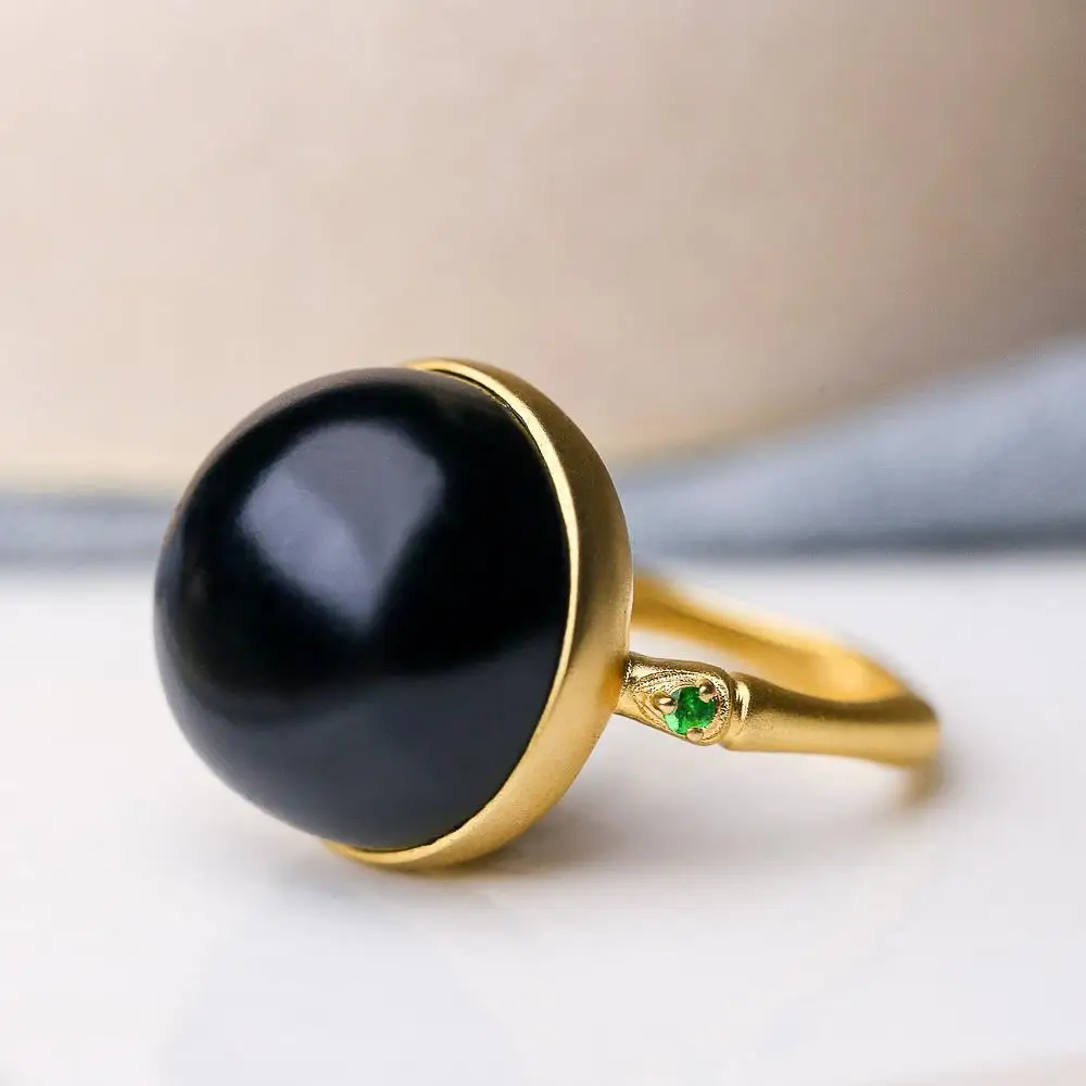 

S925 Sterling Silver Dark Jade Ring Natural Hetian Jade Ring Personality Retro Couple Ring Full Big round Egg Ornament