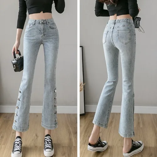 

Spring And Summer Women's High-waisted Retro Jeans 2021 New Casual Sweet Style Flared Pants Slimming Side Slit