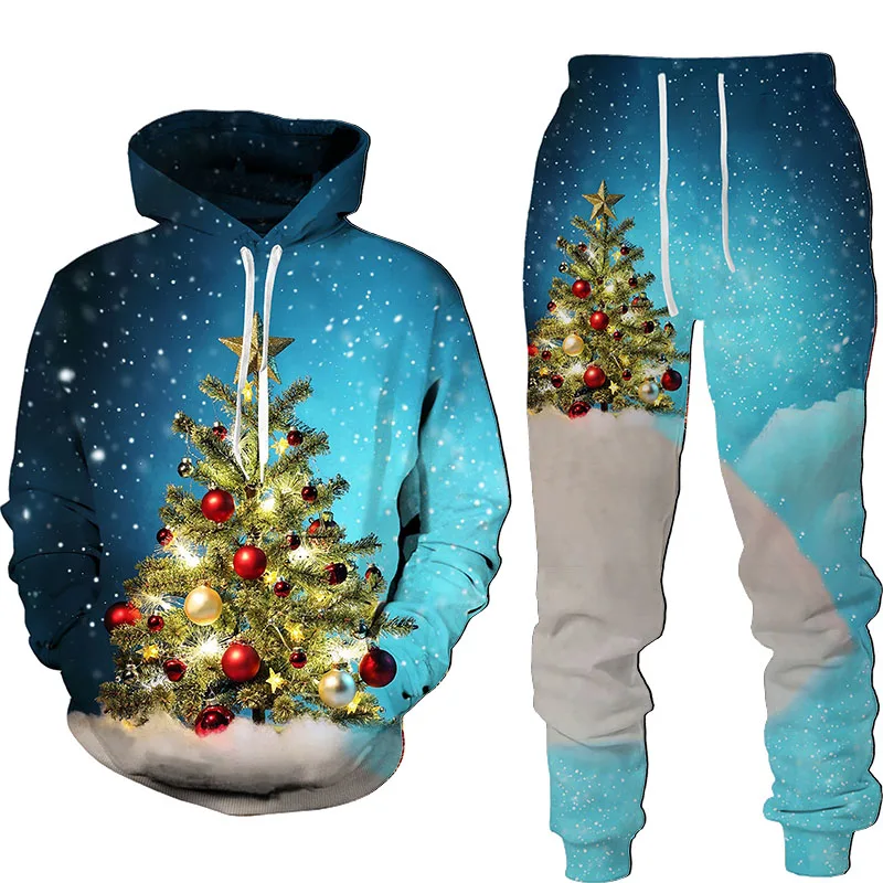 

New Fashion Men Women Christmas Printed Hoodie Suits Autumn And Winter Long Sleeve Pullover+Pants Loose Hooded Sweatshirt Set