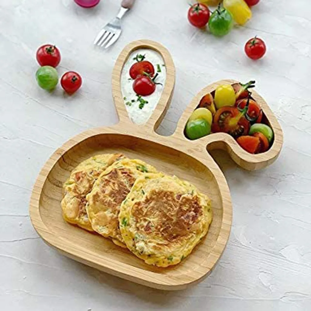 

Baby Toddler Eco Friendly Bamboo Sheep Plate Silicone Suction Feeding Bowl Suction Spoon Set Bunny Shape Dinner Plate