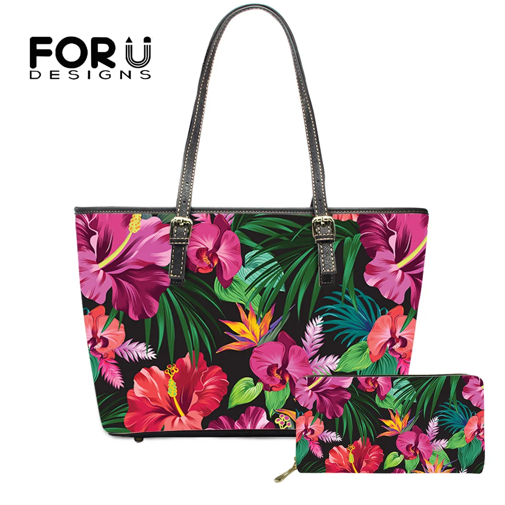 

FORUDESIGN Luxury Design 2021 New Fashion 2Pcs Shoulder Bags Wallet Polynesian Hibiscus Printing High Capacity Shopping Bags