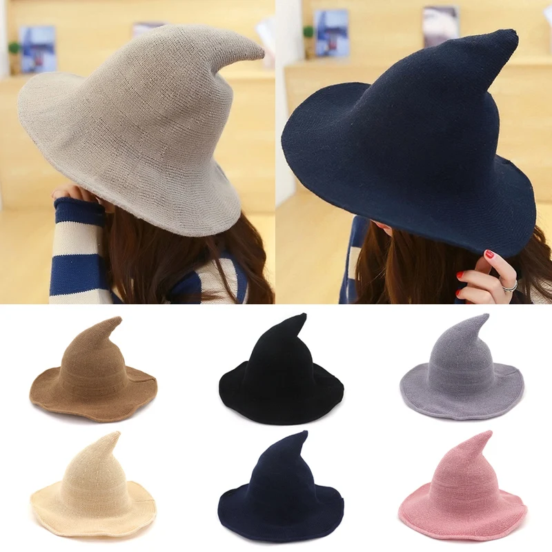 

2021 Hot Women Modern Witch Hat Foldable Costume Sharp Pointed Wool Felt Halloween Party Hats Witch Hat Warm Autumn Winter Cap