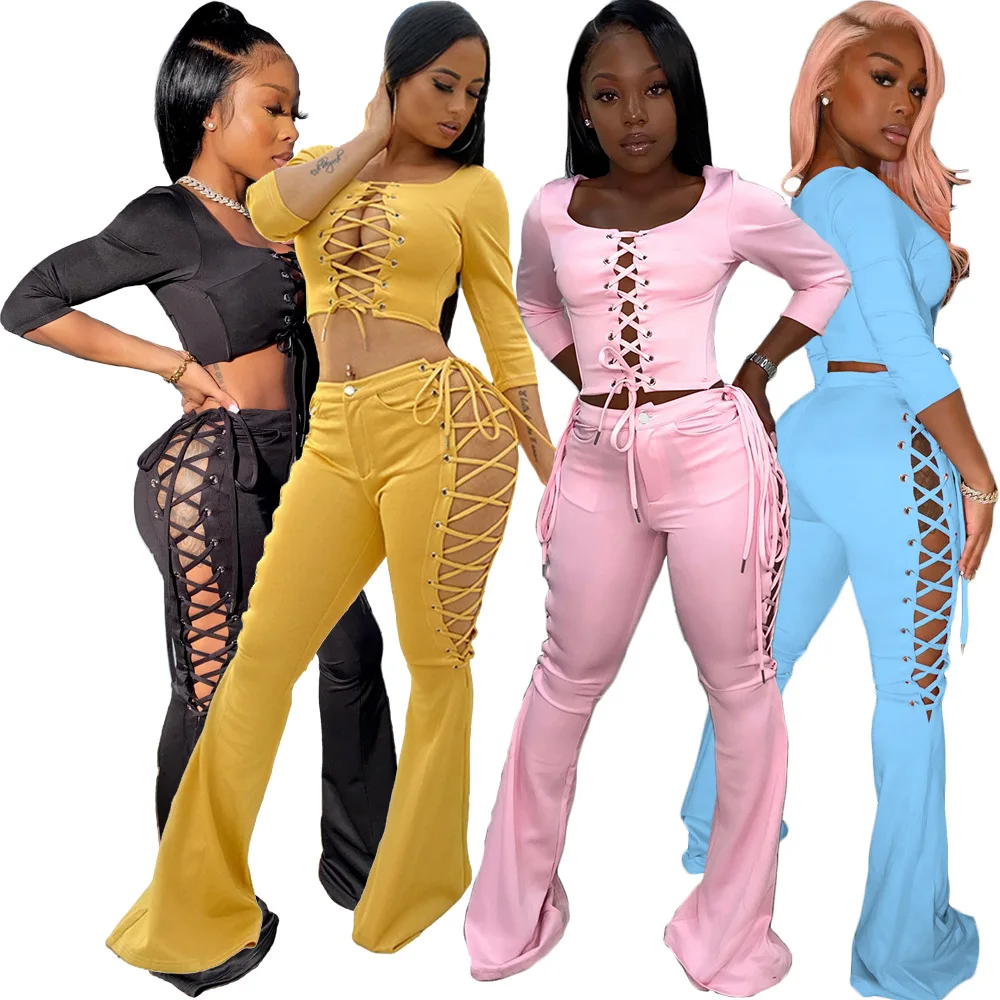 

Sylph Casual Two Piece Set Solid Slim 2 Piece Outfits Long Sleeve Lace up Top And Pant Sets For Women Dressy 2021 New Arrival
