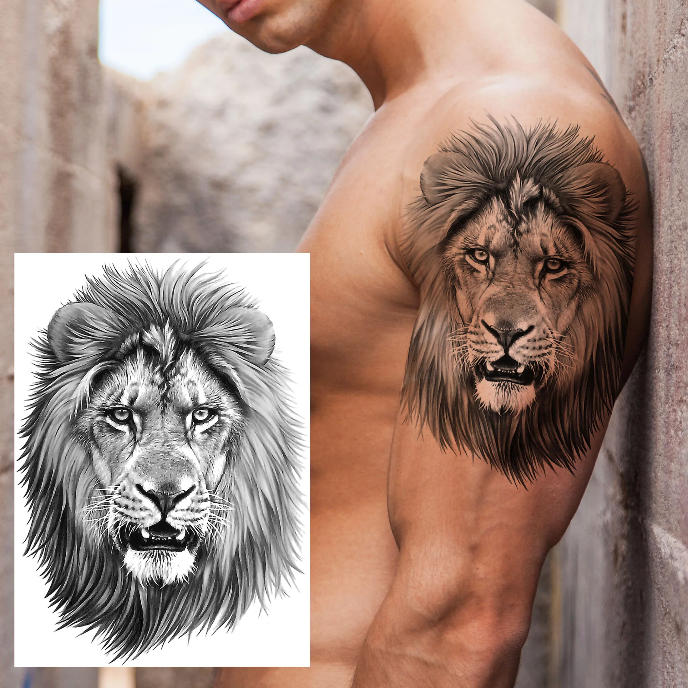 

Africa Serengeti Lion Temporary Tattoo Indian Tribal Mighty Lion Warrior Waterproof Flash Tattoo Sticker Black Tatoo Men Women