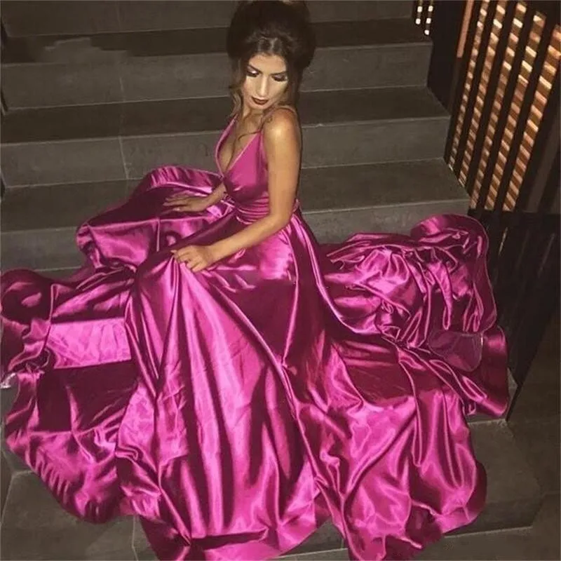 

Fushia Deep V Neck Evening Dresses Sexy Spaghetti Backless Prom Gowns Satin Sweep Train Formal Party Wear Cheap Vestidos