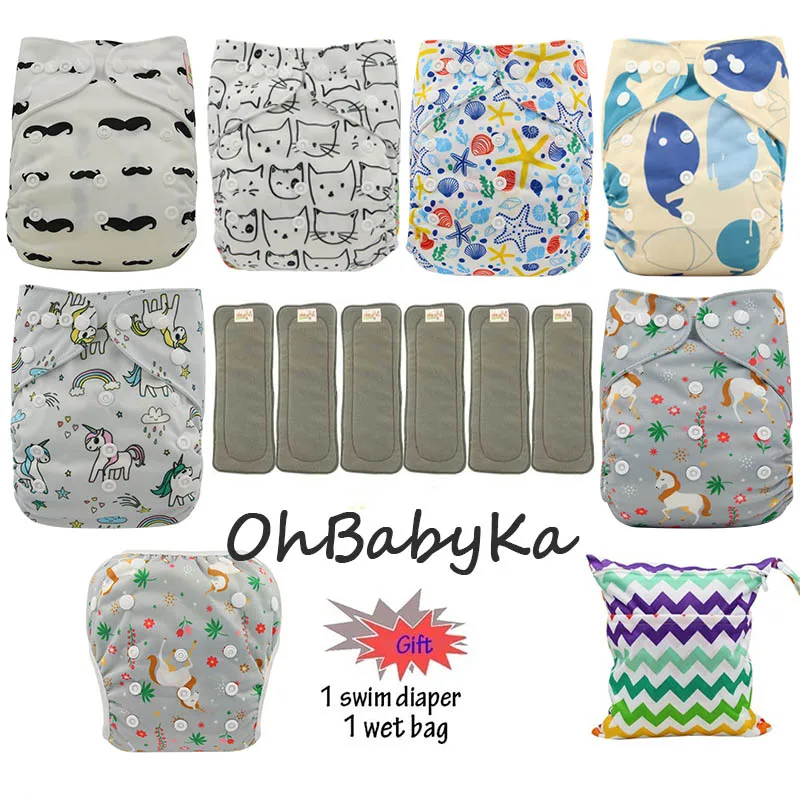 OhBabyKa детская Пеленка из моющейся ткани бамбуковый уголь Многоразовые Все-в-два карман подгузник Регулируемый+ 6 шт бамбуковые вставки детские подгузники - Цвет: 13