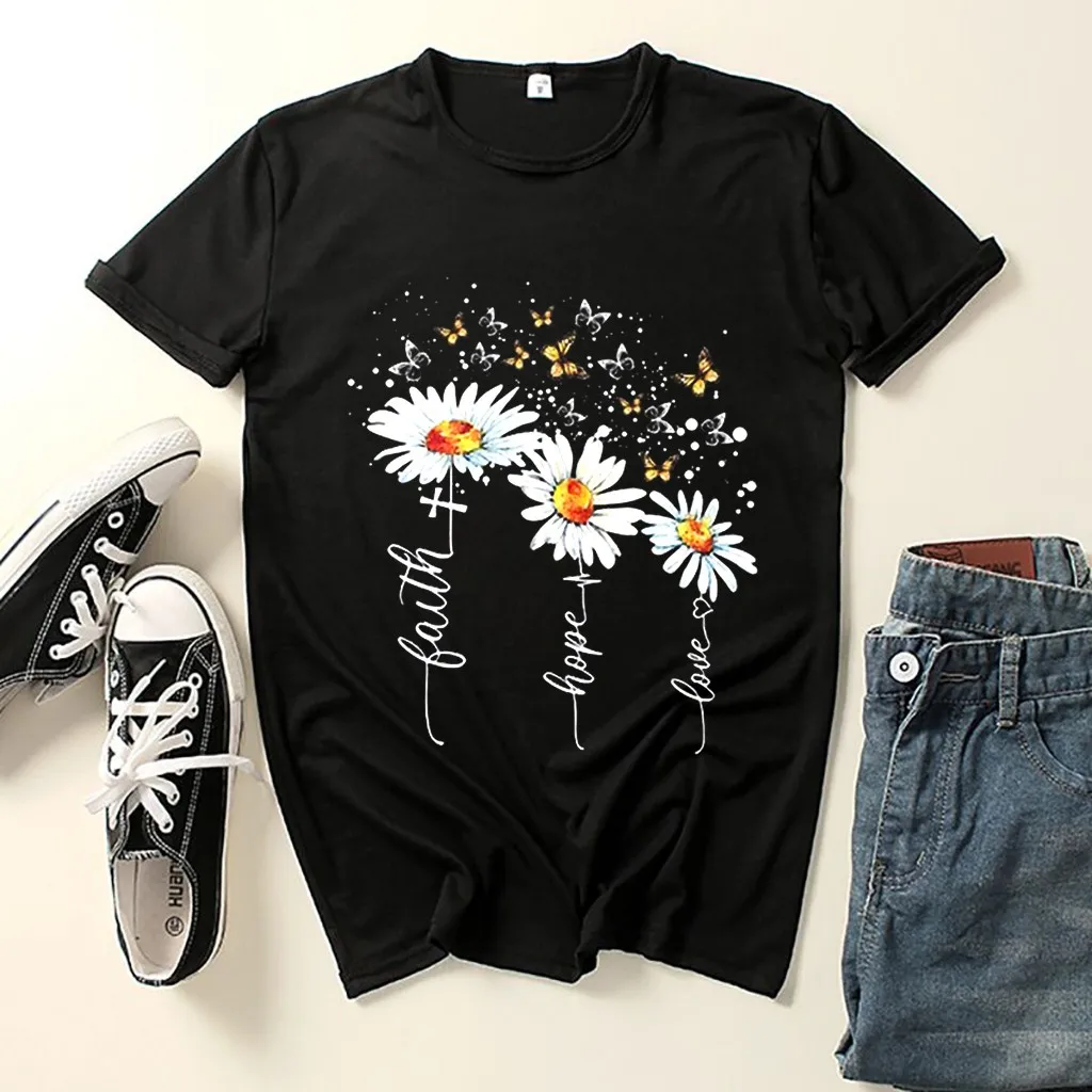 Женская футболка с принтом бабочки и хризантемы Повседневная летняя коротким