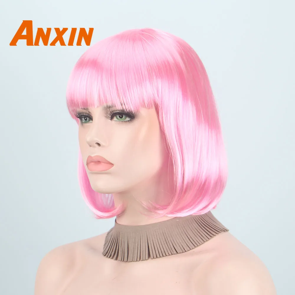 Женский короткий парик Anxin розовый с челкой для косплея костюмов на Хэллоуин