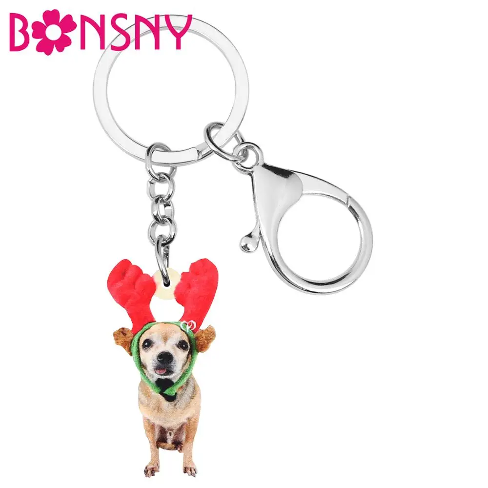 

Bonsny Acrylic Christmas Antlers Chihuahua Dog Key chains Animal Key Ring Bag Car Purse Decorations Keychain For Women Girl Gift