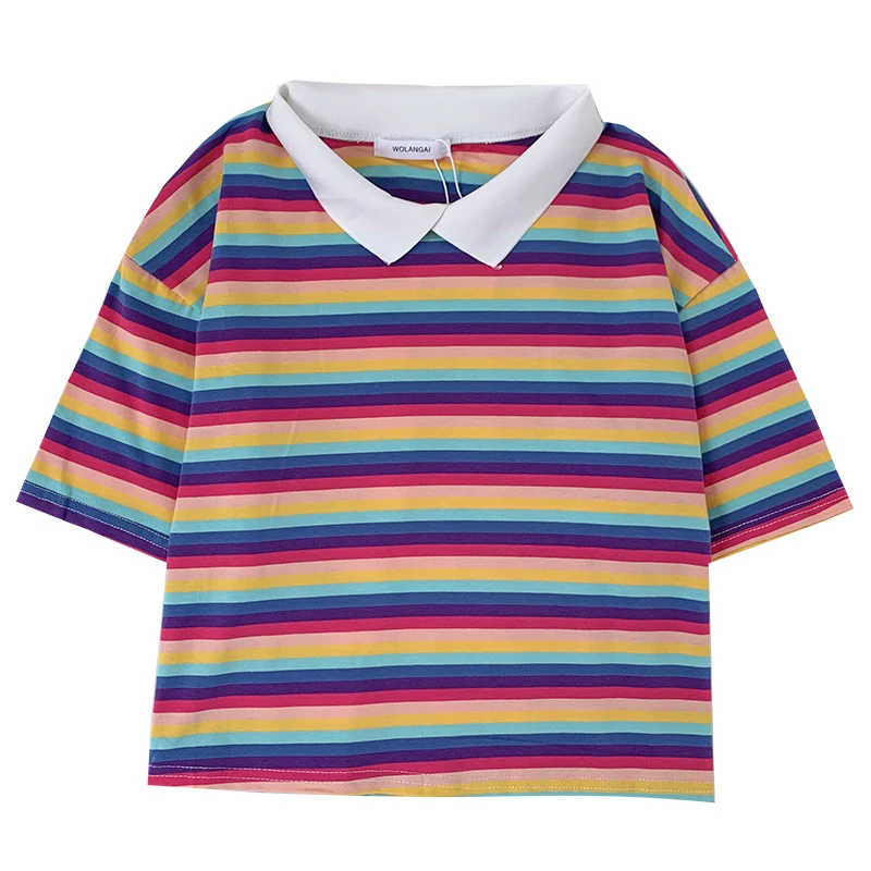 Летняя свободная короткая футболка радужного розового цвета с отложным