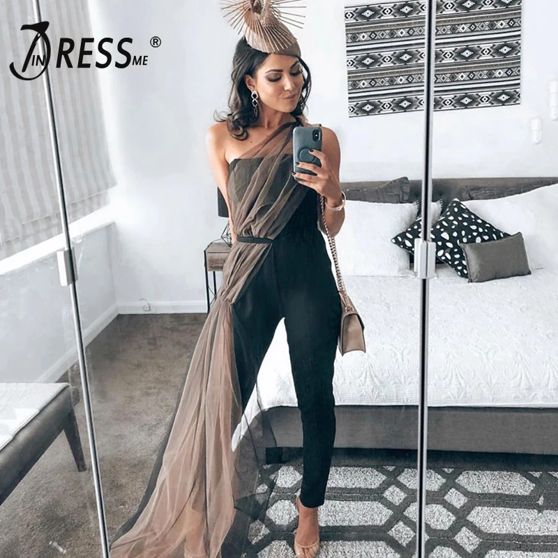 

INDRESSME 2020 New One Shoulder Features Mesh Lacing Sleeveless Straight Pants Fashion Women Side Cut Out Bandage Jumpsuit Black