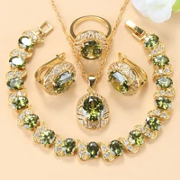 african women accessories gold color bracelet sets olive green zirconia clip earrings necklace and ring bridal jewelry sets