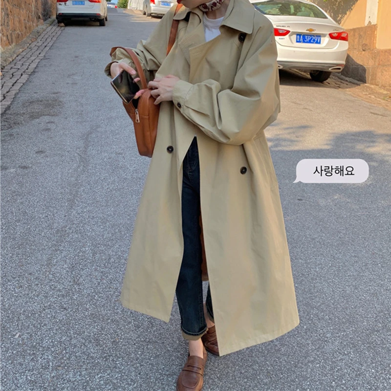 

Korean Style Loose Fashion Women's Chic Trench Coat Double-Breasted Long with Belt Lady Windbreaker Spring Autumn Cloak A537