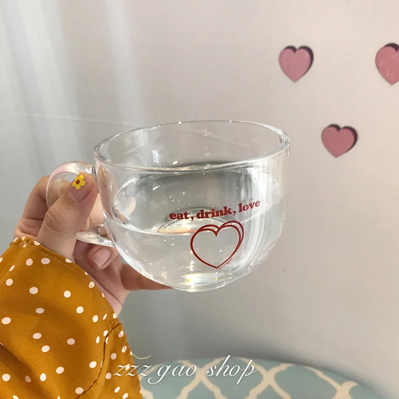 Корейские стеклянные чашки с двойным сердечком большого объема для девушек