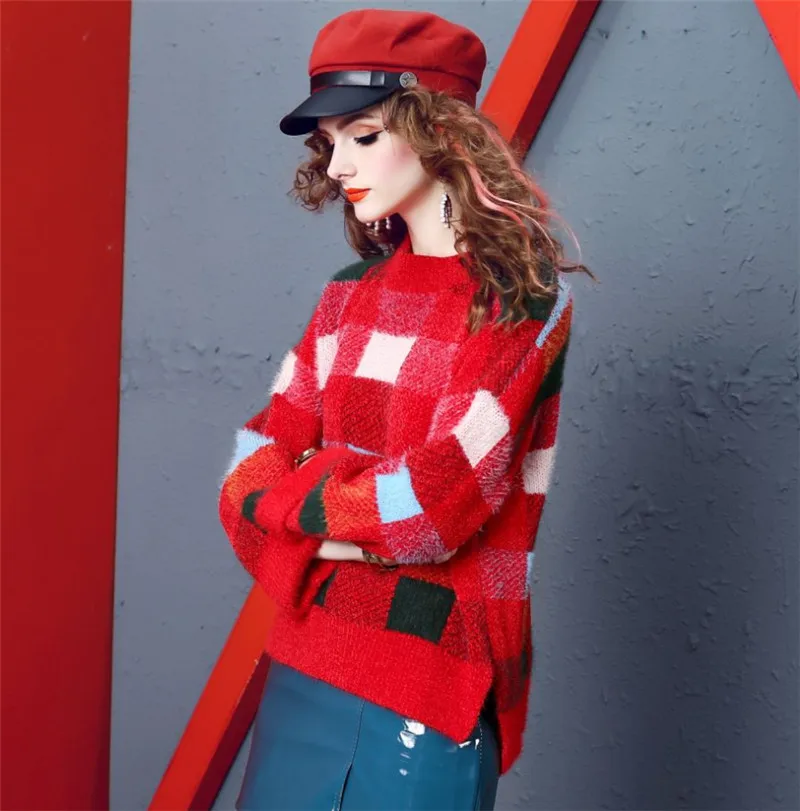

CBAFU plaid women sweater long sleeve pullovers soft warm mink knitted tops autumn winter loose outerwear knitwear o neck N854