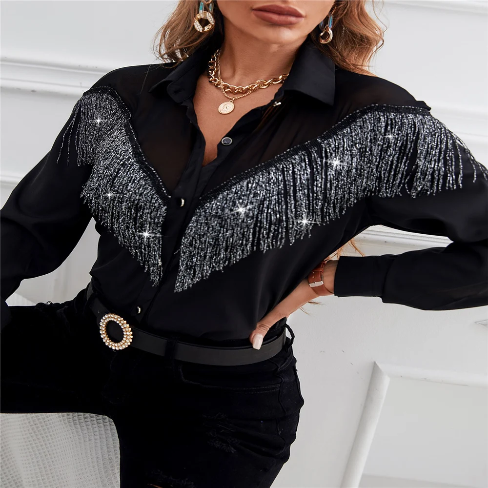 Women's FashionTemperament Commuter Black Single-breasted Pullover Long Sleeve Tassel Solid Color Shirt Ladies Top For New Year | Женская