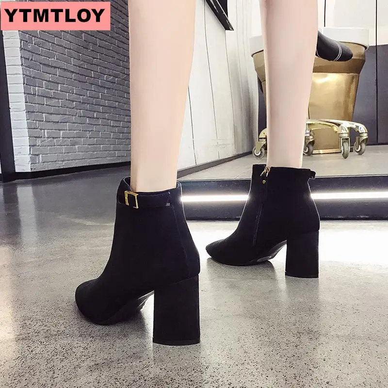 Женские ботильоны из замши на Высоком толстом каблуке черные ботинки-гладиаторы