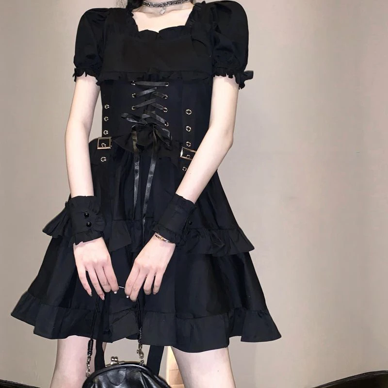 

Cosplay Carnival Party Medieval Retro Waist Belt Black High Waist Cake Dress Summer Girl Lolita Style Puff Sleeve Square Collar