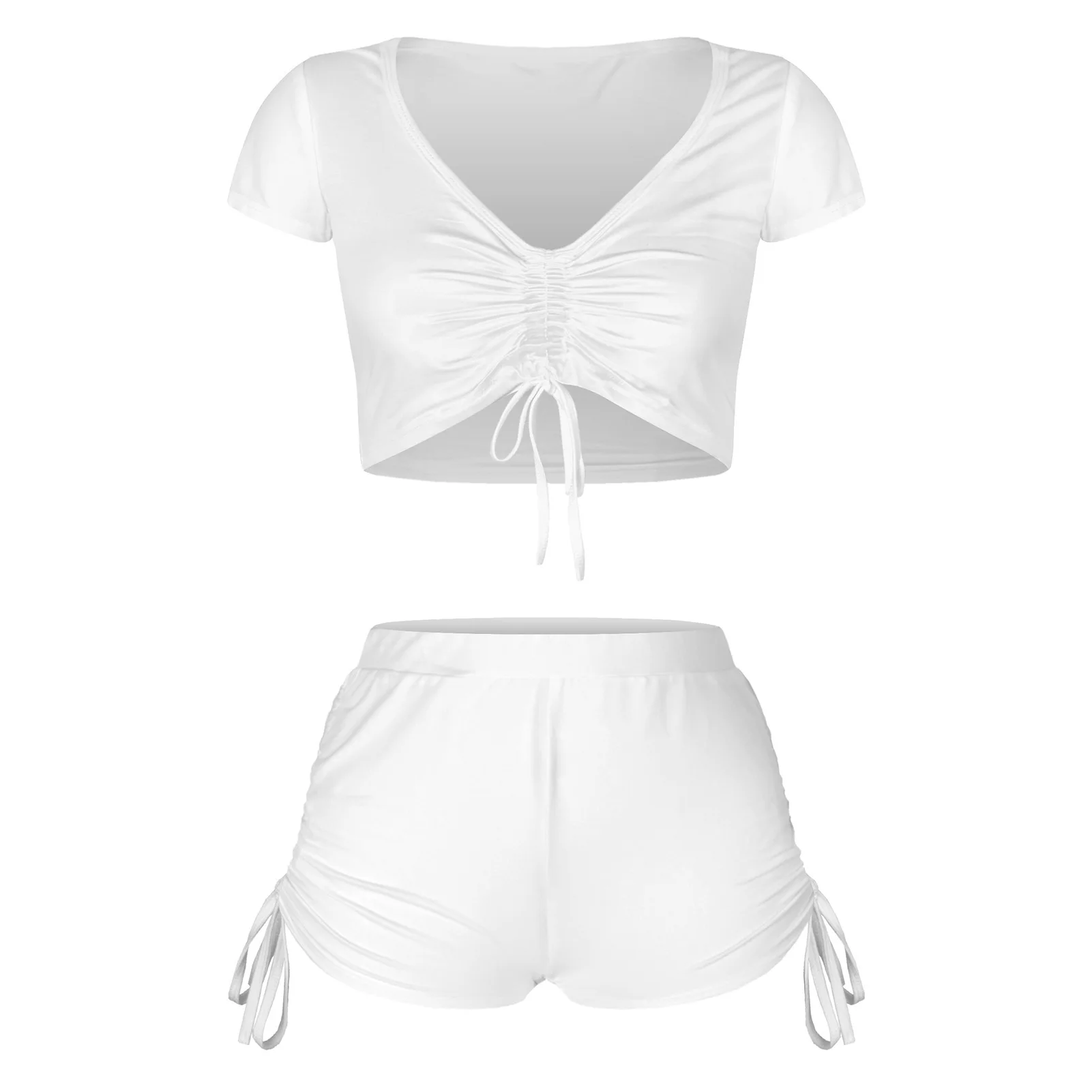 

2021 Summer New Product Suit Home Service Casual Breathable Solid Color Pajamas Drawstring V-neck Short-sleeved Shorts