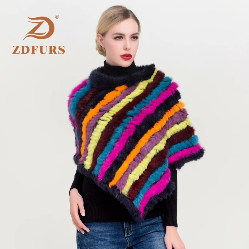 ZDFURS* Зимняя распродажа, Вязаное пончо из натурального кроличьего меха, модная шаль из натурального кроличьего меха, женское меховое пончо