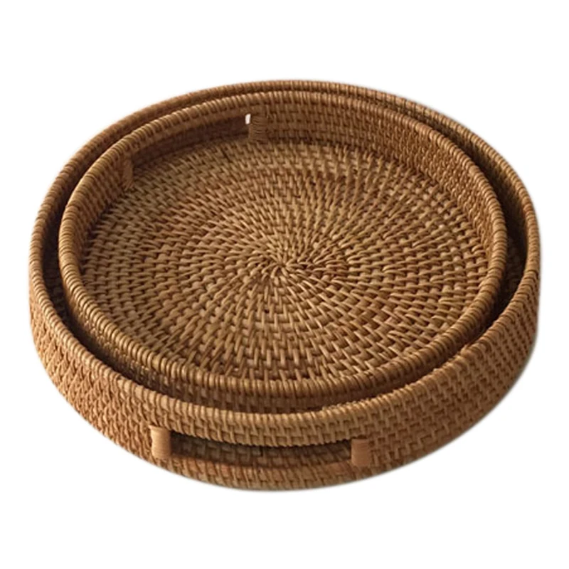 

Rattan Hand Woven Round High Wall Severing Tray Food Storage Platters Plate Over Handles for Breakfast Drinks Snack