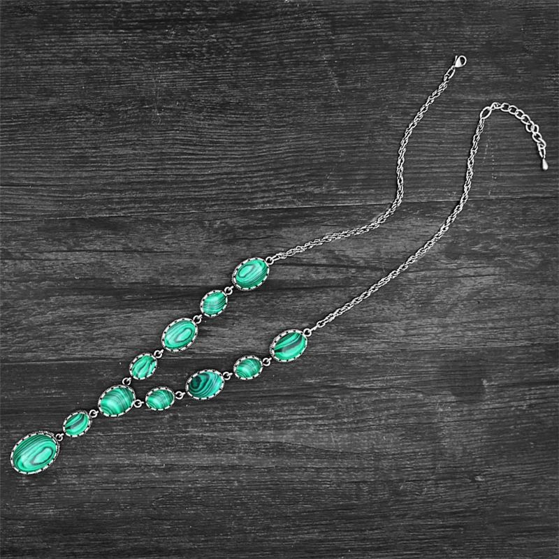 Oval Round Synthetic Malachite Necklace For Women Double Layer Flower Pendant Vintage Antique Silver Plated Fashion Jewelry | Украшения и