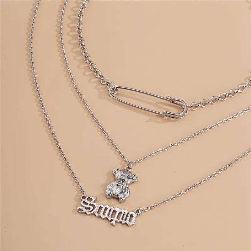 

Hiphop Silver Color Bear Pin Letter Pendant Necklace for Women Girl Metal Geometric Layered Necklaces Jewelry Collares