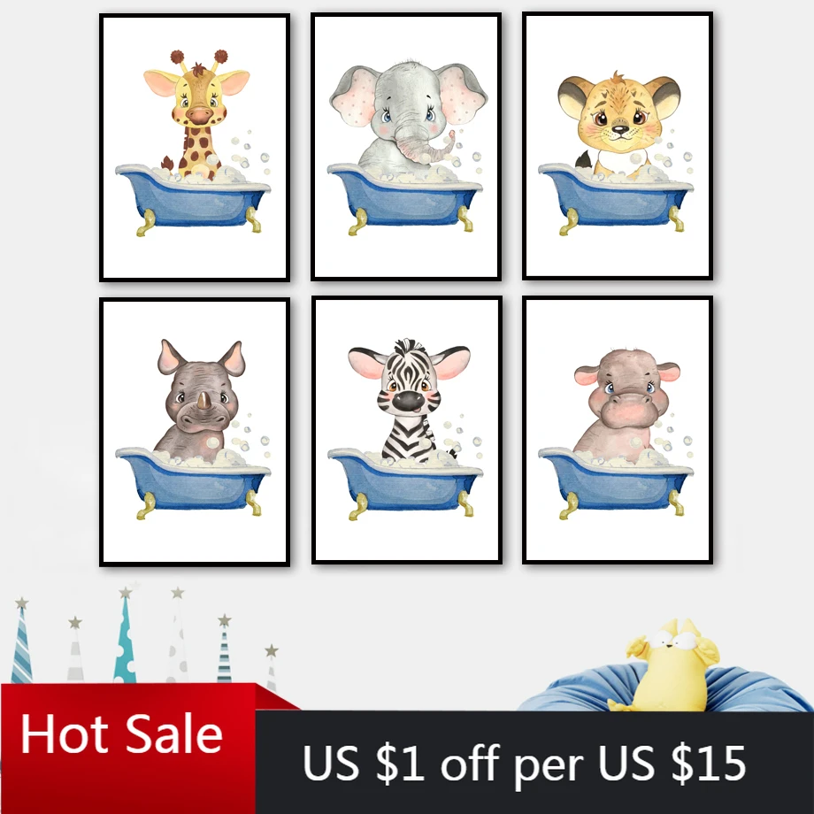 Картина на холсте с Львом слоном зеброй тигром бегемотом для детской