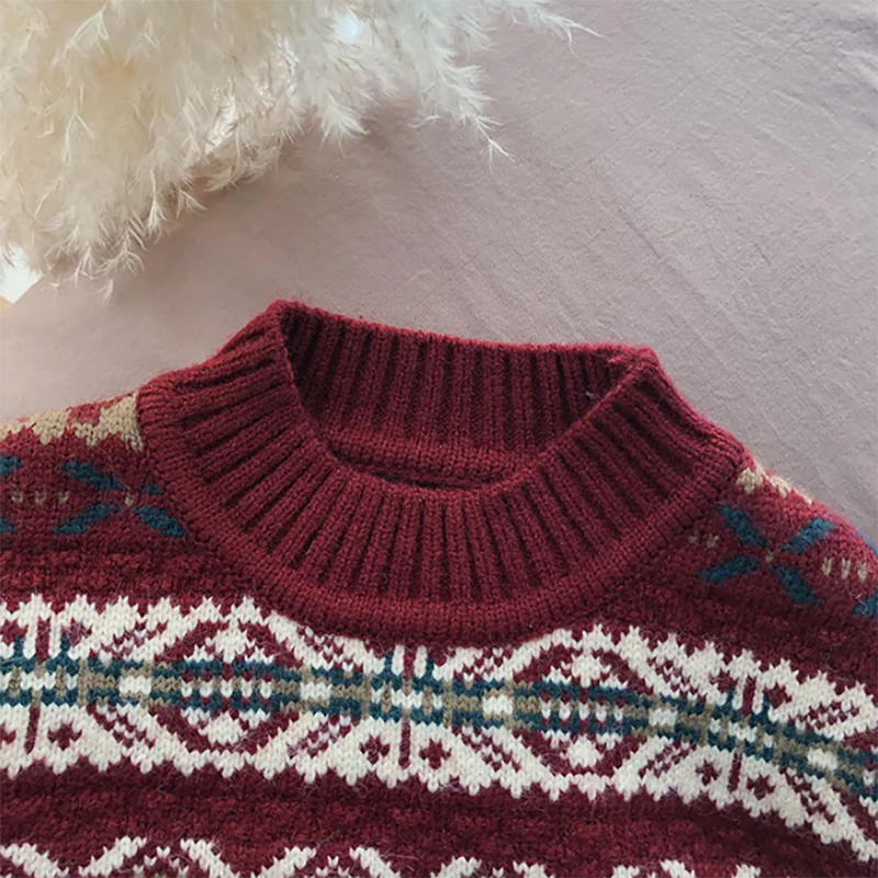 Детский свитер в стиле ретро жаккардовый вязаный с длинными рукавами и