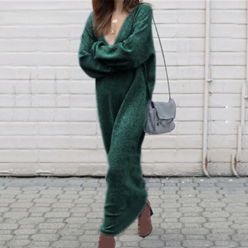 

Women Maxi Dress with Long Sleeve V Neck Solid Loose Knitted Sweater Thin Long Shirt Dresses Women Casual Sexy Maxi Dresses Robe