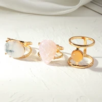 new metal crystal wedding ring set round pink opal elegant gold stackable hollow ring jewelry womens party gift
