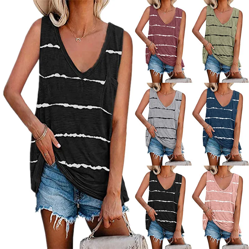 

Women's new style printed striped printed vest t-shirt women's topWomen's new style printed striped printed vest t-shirt top