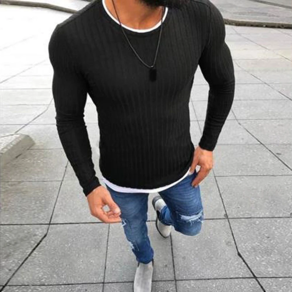 

2020 Men Autumn Winter Solid Color O Neck Long Sleeve Knitted Pullover Slim Thin Sweater For Men Casual Knitwear