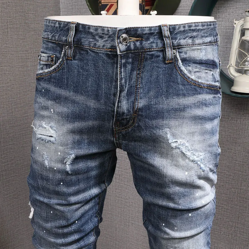 Newly Streetwear Fashion Men Jeans Retro Blue Plain Washed Slim Fit Ripped Jeans Men Brand Designer Vintage Casual Denim Pants