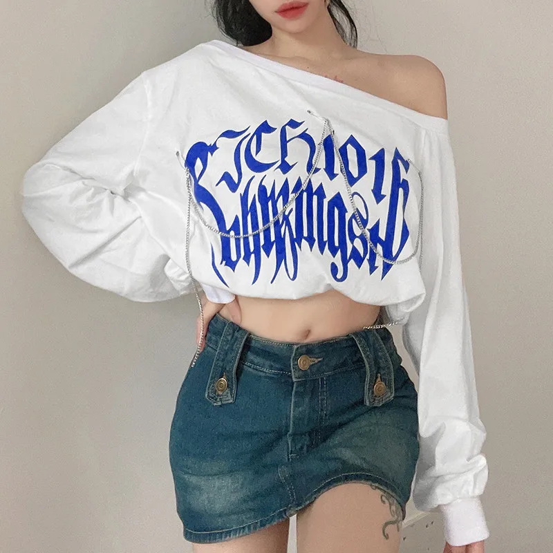 

Summer Letter Pattern One Shoulder Asymmetric Metal Chain Loose Short Sleeve T-Shirt Top Long Sleeve Women Clothing -40