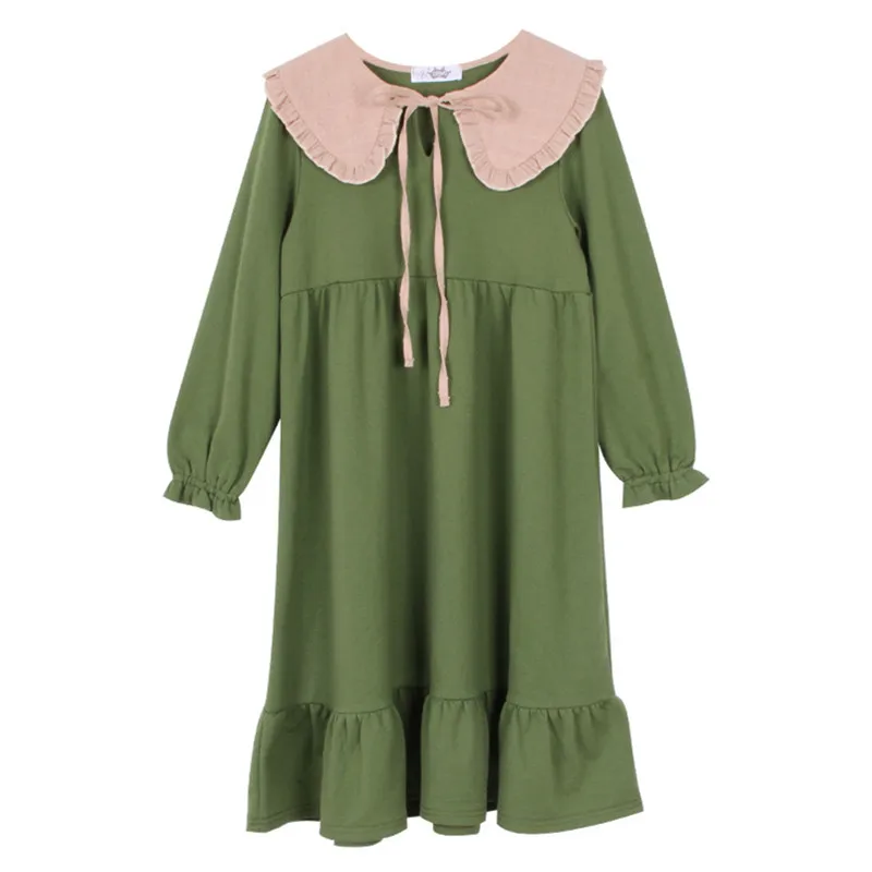 Повседневное хлопковое платье с длинными рукавами и отложным воротником для