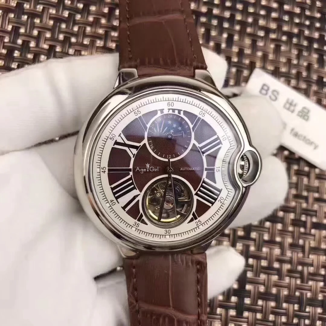 Brown Leather White Роскошные брендовые новые автоматические мужские механические часы синий черный кожаный розовое золото прозрачный MoonPhase часы Tourbillion Белый AAA - Цвет: Brown Leather White