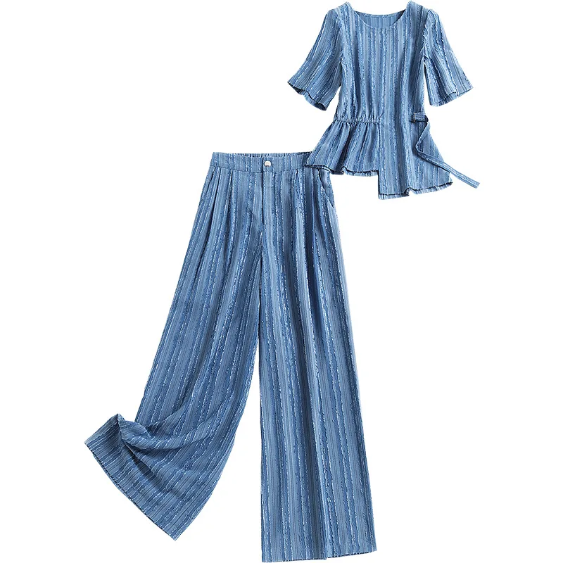

Women high quality office two piece outfits summer 2021 short sleeve chiffon tops and wide leg pants suits female twinset