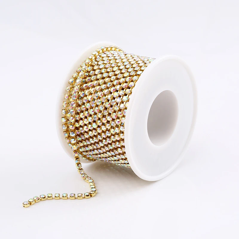 Gold Crystal AB RESEN SS6-SS18(2 мм-4,5 мм) Серебряная/Золотая основа прозрачные Кристальные плотные стразы на цепочке Швейные стеклянные стразы на цепочке - Цвет: Gold Crystal AB